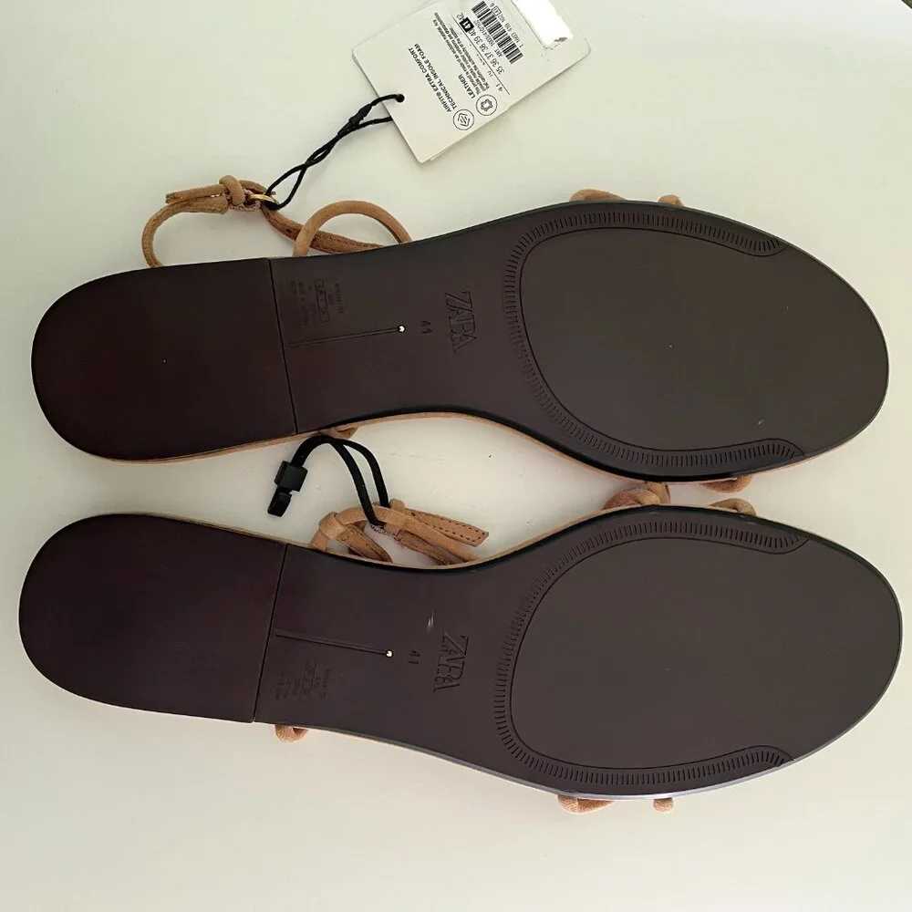 Zara Leather Sandals Embellished Front Beads Round toe Ankle buckle strap Sz 10 - Picture 12 of 12